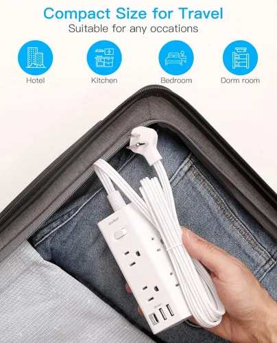 Vista 7 de Regleta de alimentación de enchufe plano, cable de extensión plano ultrafino de 10 pies con múltiples tomas, 6 tomas, 3 puertos USB (1 USB C)