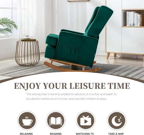 Vista 5 de QQU Mecedora con brazos, silla de ocio para interiores, cómoda silla de respaldo alto con base de madera maciza, bolsillo lateral para sala