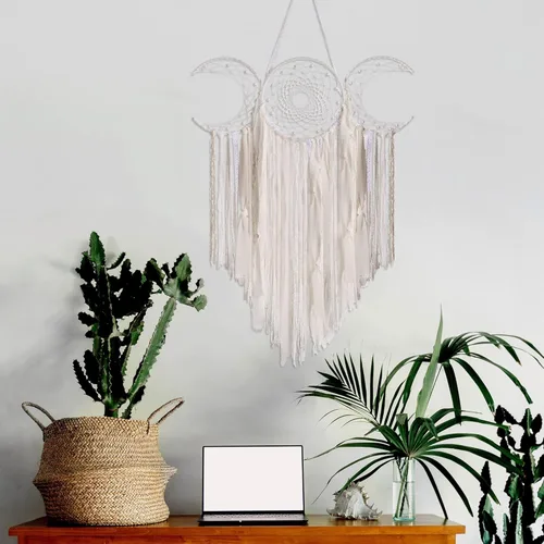Vista 4 de ANROYE Colgante de Pared de Macramé Blanco de Triple Luna de la Diosa, Atrapasueños de Media Luna Boho, Atrapasueños Bohemio para Dormitorio