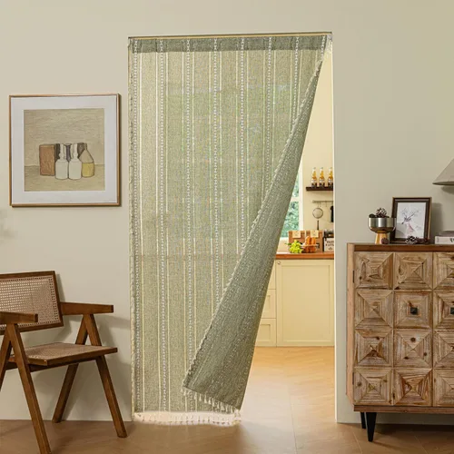 Vista 60 de Sutuo Home Cortinas de puerta francesa para puerta de patio, cortinas de lino semiopacas bohemias con borlas, tiras de granja a cuadros, decoración