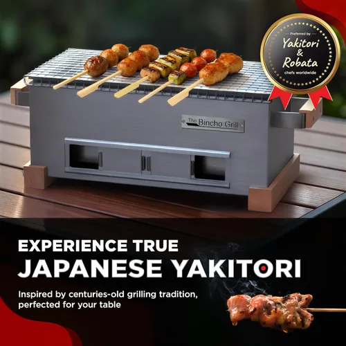 Vista 2 de The Bincho Grill – Parrilla mini de 16 pulgadas para yakitori – Parrilla de carbón de mesa en acero inoxidable con caja de carbón, flujo de aire