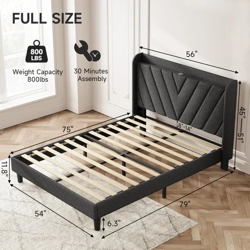 Vista 81 de koorlian Base de cama Queen con cabecero, base de cama tapizada ajustable con puertos tipo C y USB, cabecera de almacenamiento con respaldo de ala