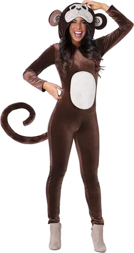 Women's Brown Circus Monkey Halloween Costume Adult Jungle Animal Jumpsuit with Hood and Tail Outfit for Themed Parties