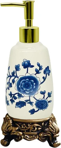 Dispensador de jabón de cerámica vintage, dispensador de loción de porcelana blanca con flores azules, botella vacía de 8.8 fl oz, dispensador de