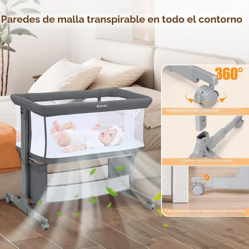 Vista 3 de Ezebaby Cuna junto a la cama para bebé, moisés portátil junto a la cama para recién nacidos con ruedas, cesta de almacenamiento, ajustable a 7