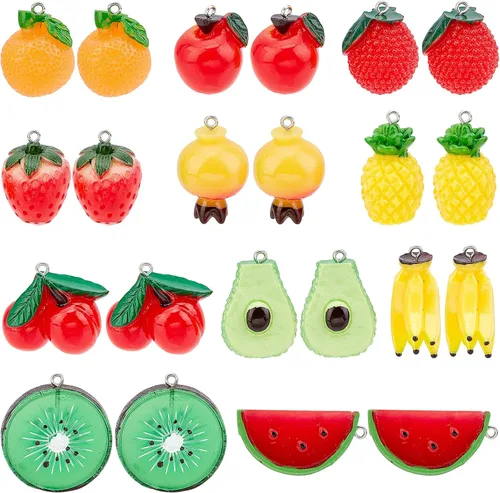 SUNNYCLUE 1 caja de 22 piezas de 11 estilos de resina de Acción de Gracias, dijes de frutas de sandía, fresa, plátano, imitación de alimentos,