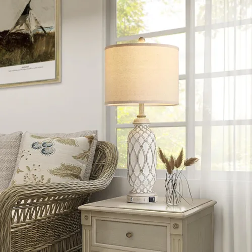 Vista 3 de Juego de 2 lámparas de mesa de 28 pulgadas para sala de estar, lámparas de estilo rústico para dormitorio con puertos de carga USB A+C, lámparas