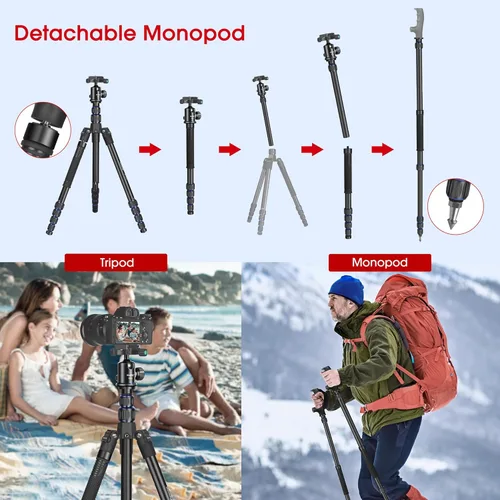 Vista 4 de Manbily - Trípode de viaje de aluminio de 74 pulgadas para cámara DSLR teléfono, cabeza de bola de 360° con mango y placa QR extra de 1/4 pulgadas