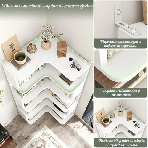 Vista 4 de Armocity Estantería de Libros de Esquina - Estantería de Libros de Esquina de 6 Niveles Etagere con Deflector, Estante de Exhibición Independiente