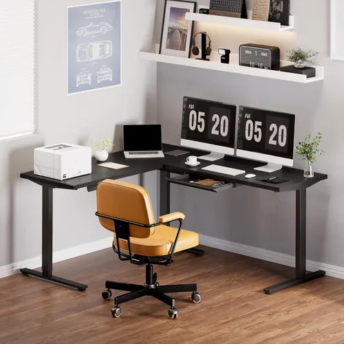 Vista 114 de FLEXISPOT Escritorio de esquina profesional con motor dual en forma de L, escritorio eléctrico de pie, escritorio de pie con altura ajustable, mesa