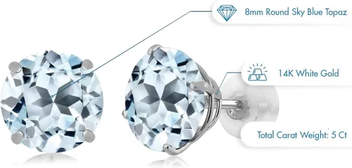 Vista 4 de Gem Stone King Solid 14K White Gold 8MM Round Gemstone Birthstone Stud Earrings Gold Earrings with Comfort Back For Women
