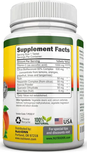 Vista 2 de Complejo de súper vitamina C – 1695 mg – 180 tabletas – Con 530 mg de bioflavonoides cítricos naturales, escaramujos, rutina, quercetina