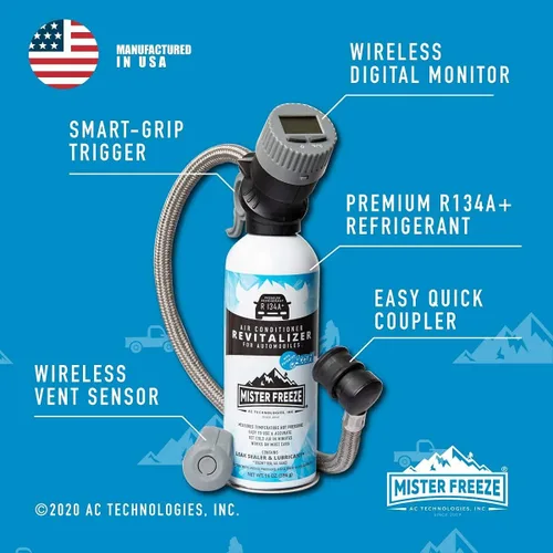Vista 2 de Mr. Freeze R134A - Aire acondicionado refrigerante sintético para automóvil, kit de recarga de CA con manguera y sensor de temperatura digital