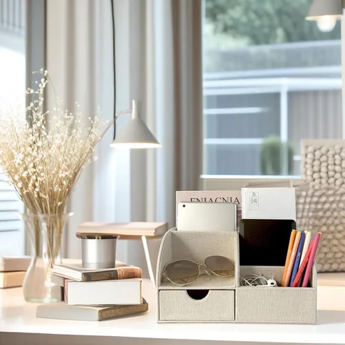 Vista 3 de UnionBasic Organizador de escritorio - Caja de almacenamiento multifuncional de cuero para escritorio con soporte para bolígrafos - Para tarjetas