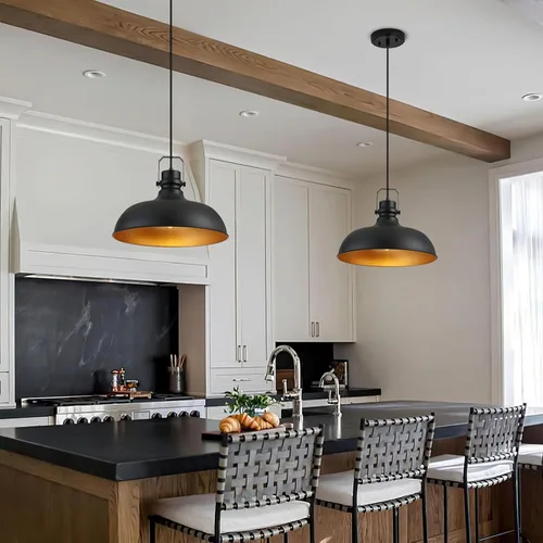 Vista 7 de Luces colgantes negras de granja de 16 pulgadas, iluminación colgante mate para isla de cocina, industrial de altura ajustable, vintage, cúpula