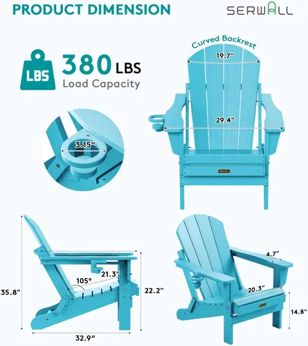 Vista 3 de SERWALL Silla Adirondack plegable resistente a la intemperie, sillas de patio al aire libre, sillas Adirondack pintadas, juego de 2, color azul Aruba