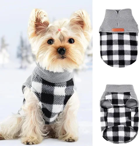 Vista 13 de Chaleco de forro polar con estampado a cuadros rojos, suéter de invierno para mascotas para perros pequeños, niños y niñas, suéter cálido