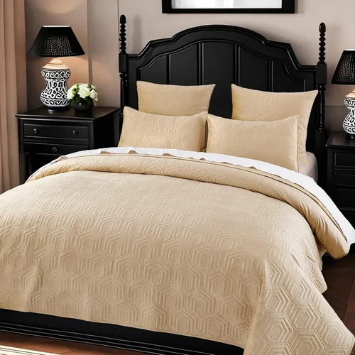 Vista 2 de Querencia Juego de edredón de terciopelo de lujo tamaño Queen, edredón beige tostado, edredón geométrico acolchado, colcha bordada, ropa de cama