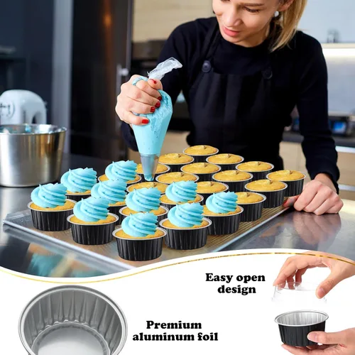 Vista 5 de Gejoy 400 tazas de papel de aluminio para hornear con tapas, moldes desechables de 5 onzas, mini moldes para tartas, moldes para magdalenas, moldes