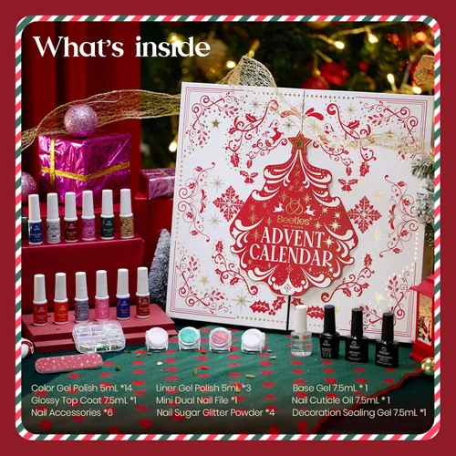 Vista 6 de Beetles - Juego de esmaltes de uñas de gel, 14 + 3 colores, calendario de adviento de belleza 2024, caja roja, verde, rosa, dorada, plateada
