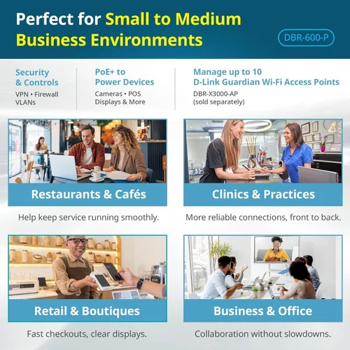 Vista 5 de D-Link Guardian 600 PoE Multi-Gig Business Router (DBR-600-P), conmutación por error Multi-WAN, firewall SPI, LAN PoE+ de 2.5GbE 8X, VPN