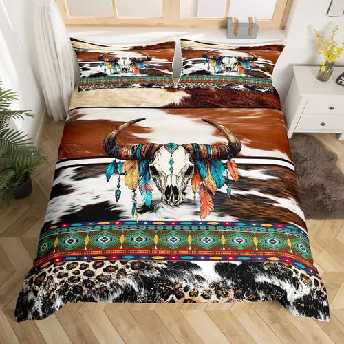 Vista 22 de Erosebridal Funda de edredón de piel de vaca marrón con estampado de vaca de las tierras altas, juego de ropa de cama occidental exótico azteca