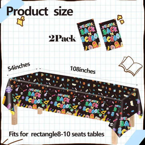 Vista 2 de 2 Pcs Welcome Back to School Tablecloth,54x108 Inch Disposable Plastic Waterproof Table Cover First Day of School Party Decoration(Black)