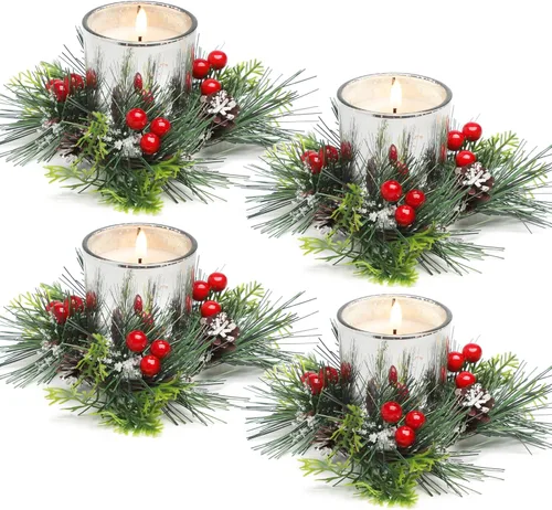 Vista 8 de Anillo de Vela de Navidad, 4 Piezas Velas Votivas con Bayas Rojas y Piña, Anillo de Vela de Navidad para Decoración de Centro de Mesa de Boda