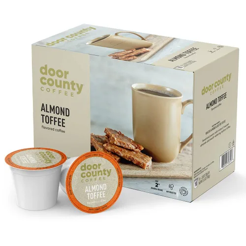 Door County Coffee Café Molido con Sabor a Toffee de Almendra - 10 Tazas de Una Sola Porción - Tostado Medio - 100% Arábica Especial - Gourmet con