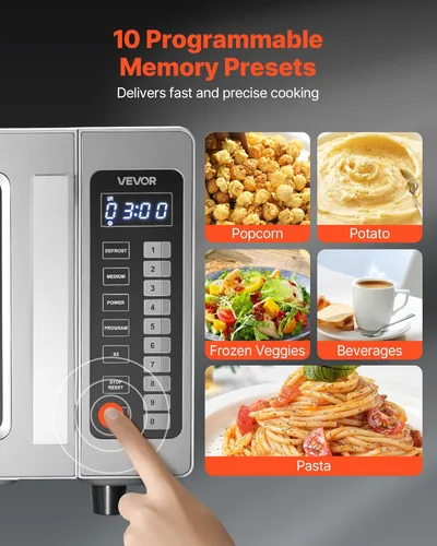 Vista 4 de VEVOR Horno microondas comercial, 0.9 pies cúbicos, 1000W Horno microondas digital de acero inoxidable para encimera con pantalla táctil, 10 ajustes
