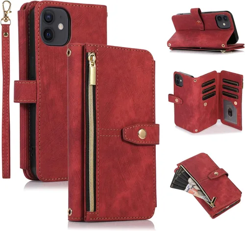 Vista 33 de UEEBAI Funda para iPhone 12 Mini de 5.4 pulgadas, 9 ranuras para tarjetas, cartera de cuero retro a prueba de golpes, con correa de mano, ranuras