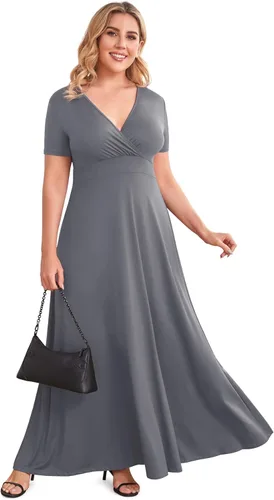 Vista 2 de POSESHE - Maxi-vestido de noche para fiesta para mujer con cuello en V y manga corta