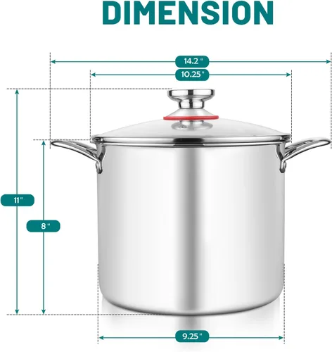 Vista 2 de TeamFar Olla de 10 cuartos de galón, olla grande de acero inoxidable de tres capas para sopa de pasta con tapa de vidrio, para gas de inducción