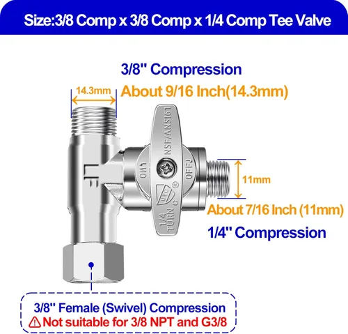 Vista 2 de Válvula de Parada en T - 0.95 cm Comp x 0.95 cm Comp x 0.63 cm Comp Válvula Add-A-Tee de Latón, Adaptador de Alimentación de Agua para Refrigerador