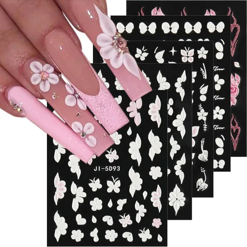 Vista 16 de Fcozpjk Calcomanías de uñas con lazo en relieve 5D, 5 hojas autoadhesivas de cintas rosas y blancas, arte de uñas para el día de San Valentín, dijes
