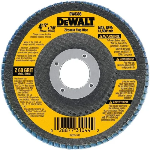 Vista 8 de DEWALT DW8311 Disco de solapa de zirconia de 4.5" x 5/8"-11, grano 36 para amoladora angular