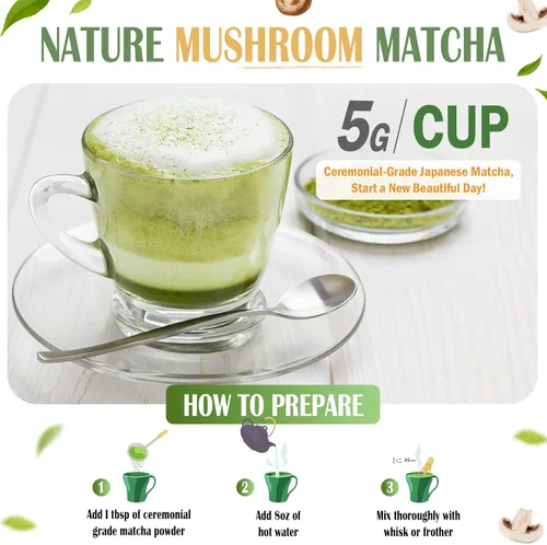 Vista 5 de Polvo de Té Verde Matcha con Hongos, Matcha Ceremonial Japonés Infundido con 7 Superalimentos de Hongos, Aceite MCT, Polvo de Leche de Coco