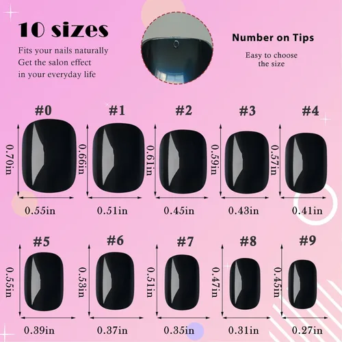 Vista 3 de AddFavor 240 piezas de uñas postizas cortas brillantes negras, uñas falsas cortas cuadradas, kit de uñas acrílicas artificiales de cobertura