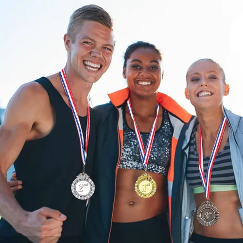 Vista 7 de 12 Medallas de premio de bronce de oro y plata con cinta de cuello rojo, blanco y azul, 2 pulgadas por MOMOONNON