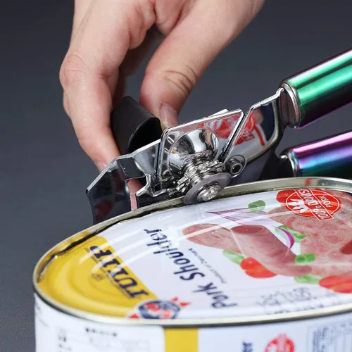 Vista 9 de Berglander Abrelatas, mango de arco iris de acero inoxidable, mango chapado colorido de titanio, mango de mano, abrelatas manual de borde liso