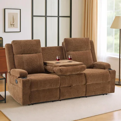Vista 17 de Sofá biplaza reclinable manual, sofá reclinable de 2 plazas con portavasos, sofá reclinable de tela para sala de estar/RV (negro)