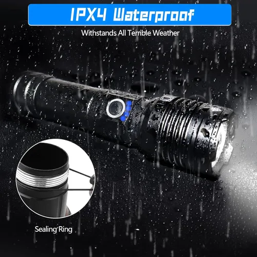 Vista 6 de Linternas LED de alto lúmenes recargables, 5000 lúmenes XHP50 linterna súper brillante, luz de flash de alta potencia, 5 modos de luz, linterna