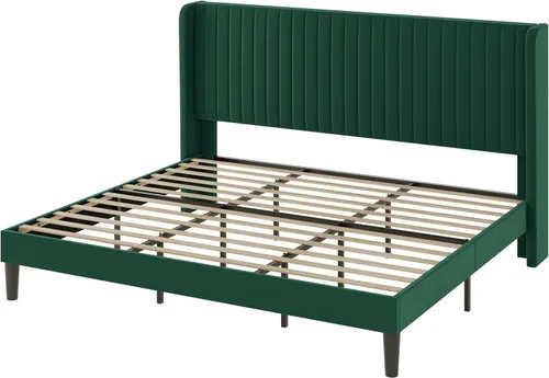 Vista 81 de Allewie Marco de cama de terciopelo tamaño Queen, cabecera capitonada con canal vertical, plataforma tapizada, listones de madera fuertes, no Blanco