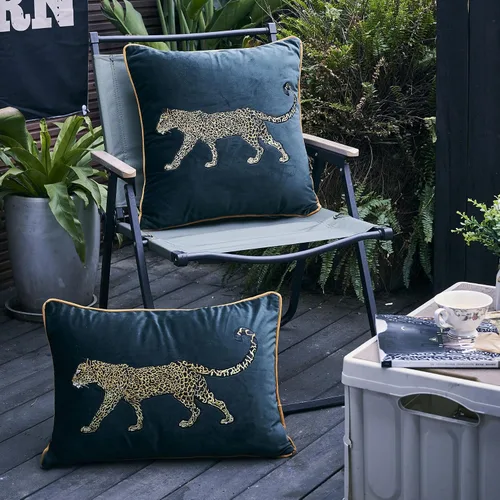 Vista 3 de Funda de Almohada de Leopardo Bordado de Lujo, Funda de Cojín de Tela de Terciopelo Bordado en Oro, Funda de Almohadas Decorativa con Estampado