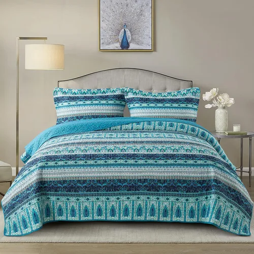 Vista 10 de NEWLAKE - Juego de edredón de algodón, juego de cubrecama reversible con diseño de mosaico, patrón bohemio a rayas, tamaño queen