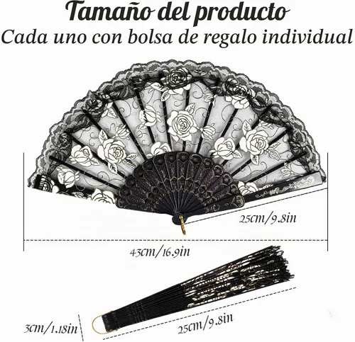 Vista 3 de TrendBox - Abanico chino de mano en encaje de rosas, diseño elegante vintage retro, plegable, para damas, para bailes de bola, 1 juego (10 colores)
