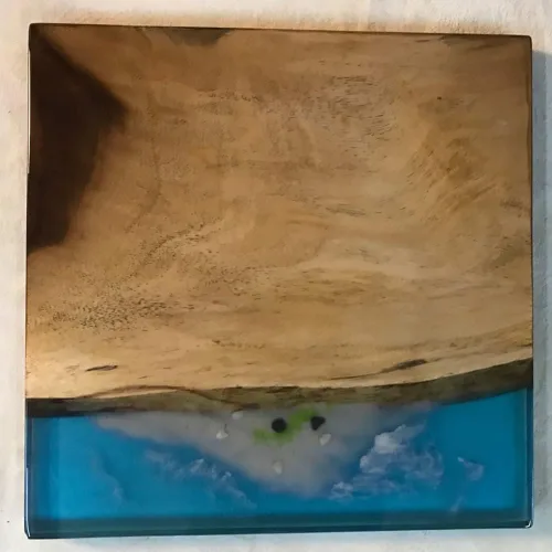 Vista 202 de Mesa de epoxi transparente, mesa de sofá con forma cuadrada, mesa auxiliar de resina de madera, mesa de centro de madera con borde natural para sala