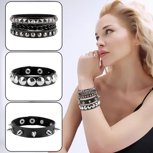 Vista 4 de Pulsera con tachuelas, Spike Punk Goth Punk de cuero para mujeres y hombres