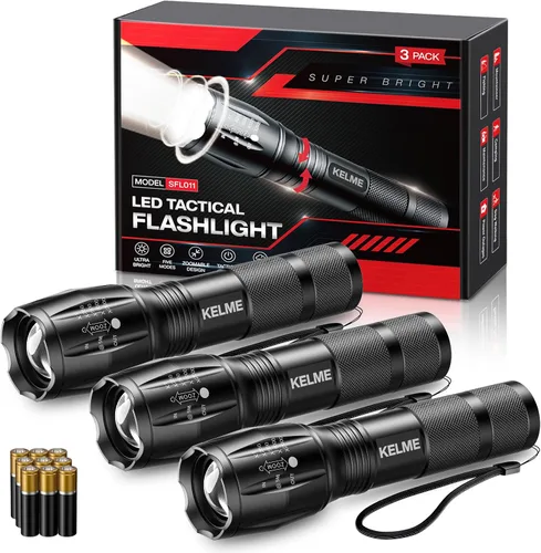 KELME Paquete de 3 linternas de alto lúmen, potentes linternas tácticas con 5 modos, linterna LED pequeña con zoom impermeable de mano para