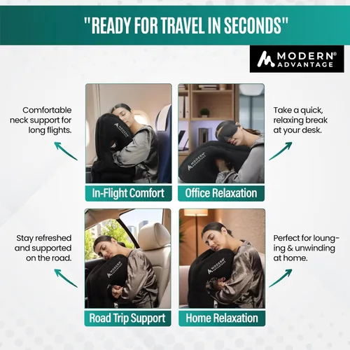 Vista 6 de Modern Advantage Almohada inflable de viaje para aviones con parte inferior adicional ajustable, soporte para la cabeza y la barbilla para evitar